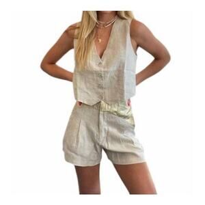 NEW LANHTROPY 100% Linen Shorts Pleated Plaid Pockets M Preppy Coastal Summer